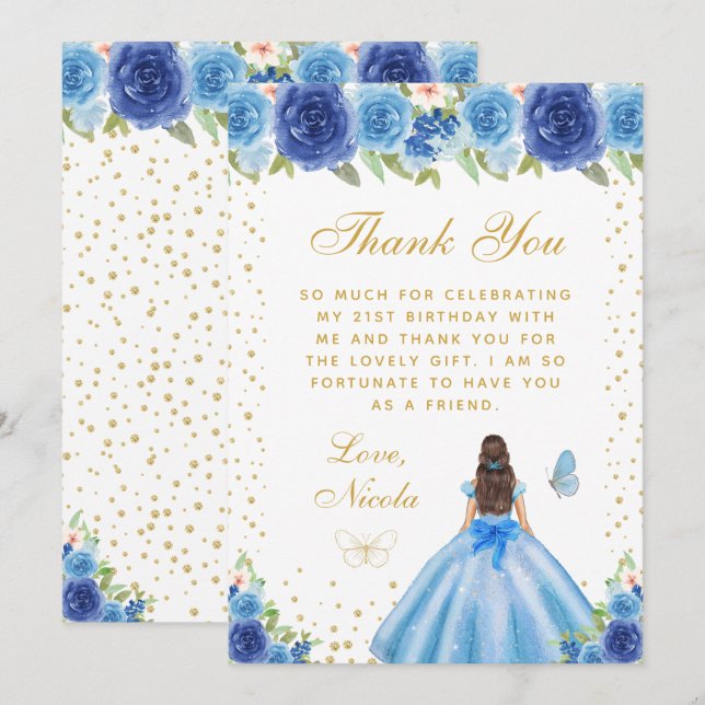 Blue Floral Brunette Hair Princess Birthday Party Thank You Card (Front/Back)