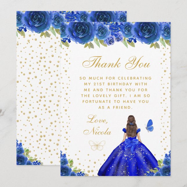Blue Floral Brunette Hair Princess Birthday Party Thank You Card (Front/Back)