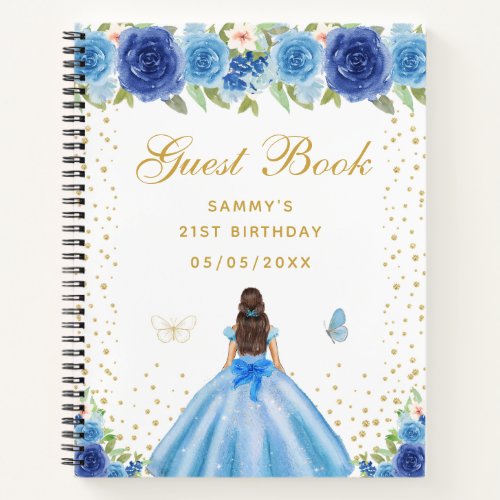 Blue Floral Brunette Hair Princess Guest Book