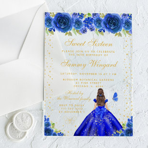 Blue Floral Brunette Hair Princess Sweet Sixteen Acrylic Invitations