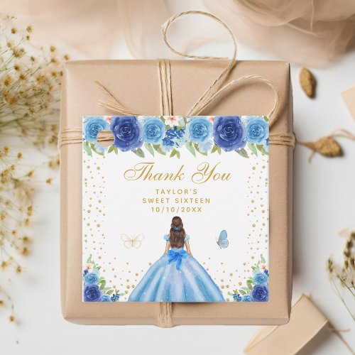 Blue Floral Brunette Hair Princess Sweet Sixteen Favor Tags