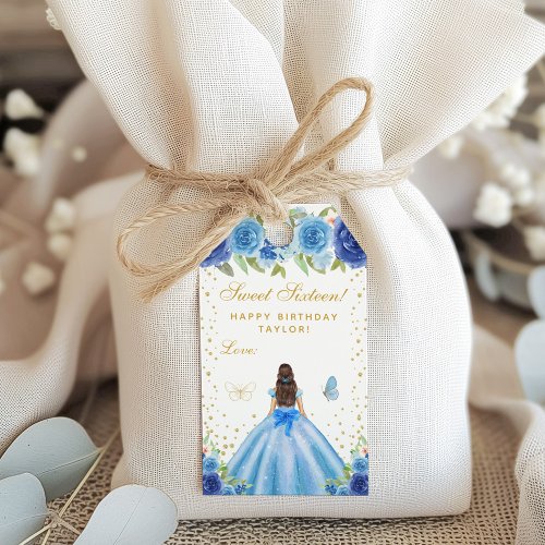 Blue Floral Brunette Hair Princess Sweet Sixteen Gift Tags