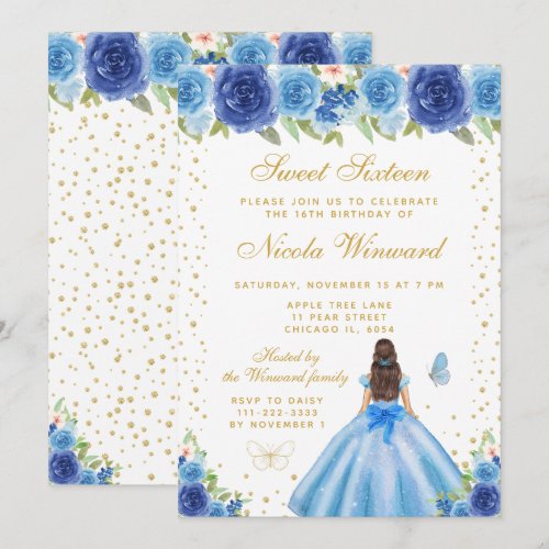 Blue Floral Brunette Hair Princess Sweet Sixteen