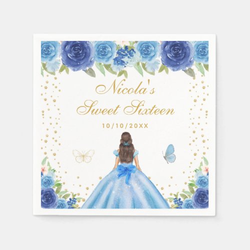 Blue Floral Brunette Hair Princess Sweet Sixteen Napkins