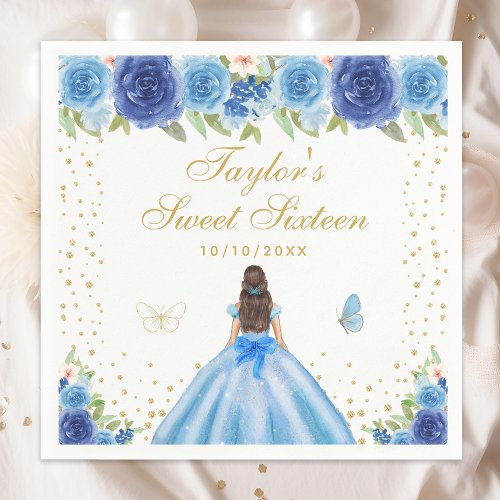 Blue Floral Brunette Hair Princess Sweet Sixteen Napkins