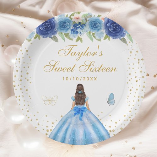 Blue Floral Brunette Hair Princess Sweet Sixteen Paper Plates