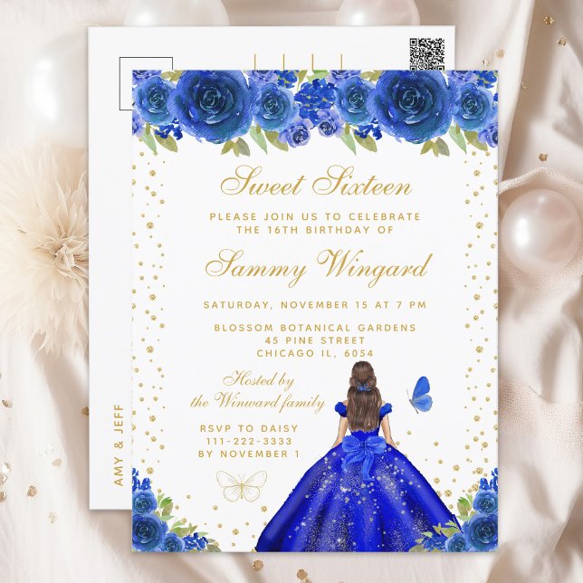 Blue Floral Brunette Hair Princess Sweet Sixteen Postcard (Creator Uploaded)