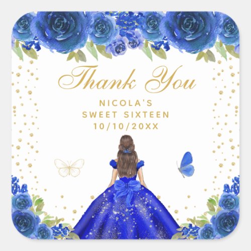 Blue Floral Brunette Hair Princess Sweet Sixteen Square Sticker