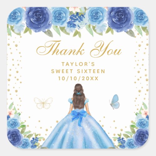 Blue Floral Brunette Hair Princess Sweet Sixteen Square Sticker