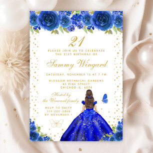 Blue Floral Brunette Princess Birthday Party Invitation
