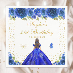 Blue Floral Brunette Princess Birthday Party Napkins
