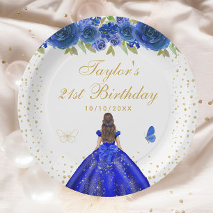 Blue Floral Brunette Princess Birthday Party Paper Plates
