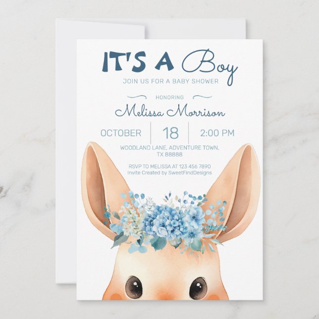 Blue Floral Bunny Baby Boy Shower Invitation (Front)