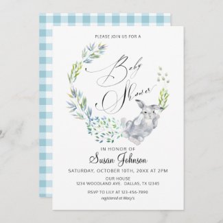 Blue Floral Bunny Calligraphy Spring Baby Shower Invitation