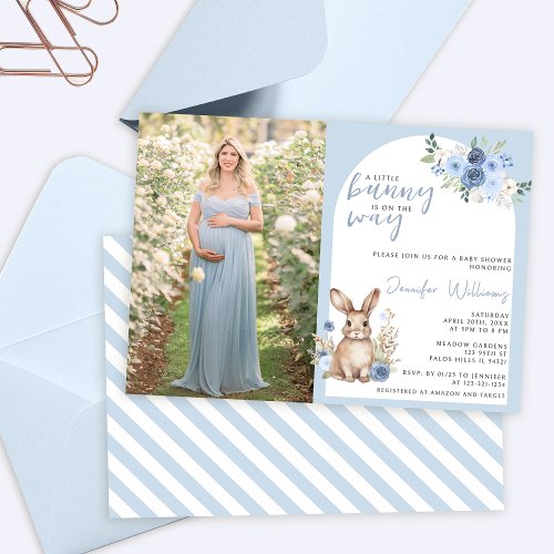 Blue floral bunny easter baby shower invitation