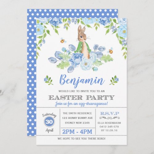 Blue Floral Bunny Easter Party Watercolor Rabbit Invitation