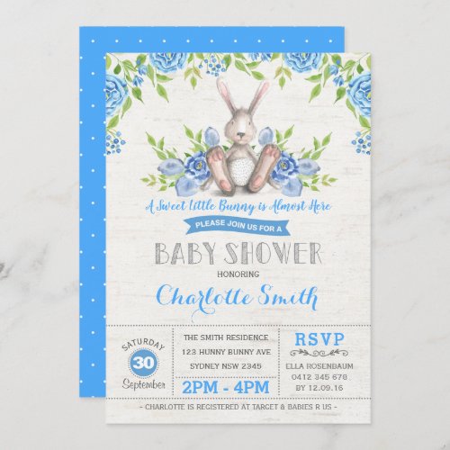 Blue Floral Bunny Rabbit Baby Shower Garden Tea Invitation
