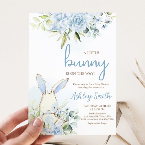 Blue Floral Bunny Rabbit Baby Shower Invitation