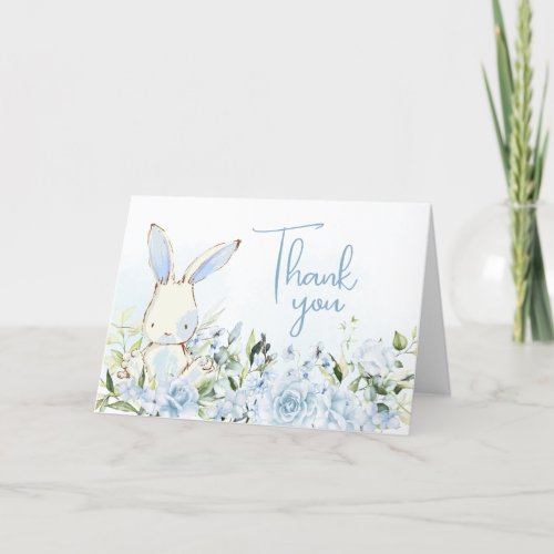 Blue Floral Bunny Rabbit Baby Shower Thank You Card