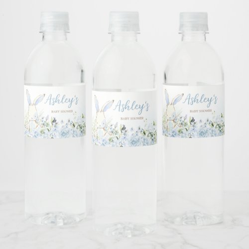 Blue Floral Bunny Rabbit Baby Shower Water Bottle Label