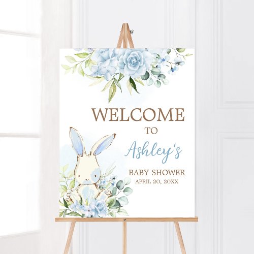 Blue Floral Bunny Rabbit Baby Shower Welcome Poster