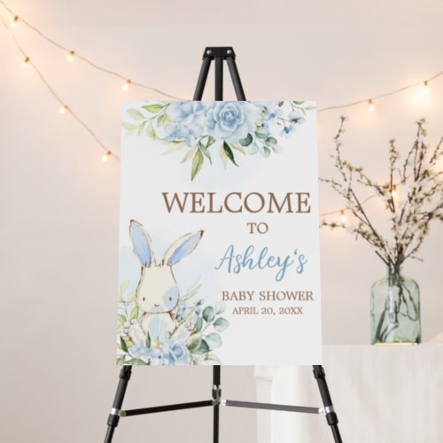 Blue Floral Bunny Rabbit Baby Shower Welcome Sign
