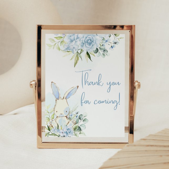 Blue Floral Bunny Rabbit Baby Thank you for Coming Poster (A Little Bunny Boy Baby Shower Thank you for Coming Sign)