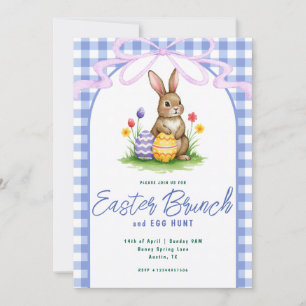 Blue Floral Bunny Watercolor Gingham Ribbon Easter Invitation