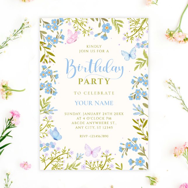 Blue floral butterflies birthday invitation (Creator Uploaded)