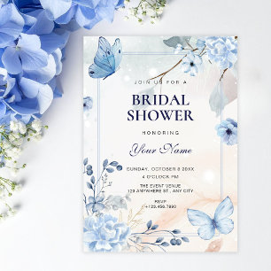 Blue floral butterflies bridal shower invitation