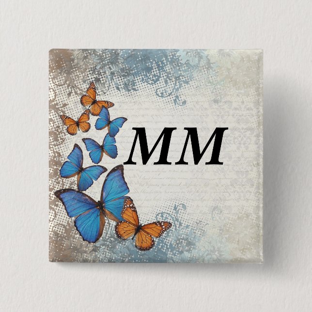 Blue floral butterflies button (Front)