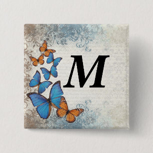 Blue floral butterflies button