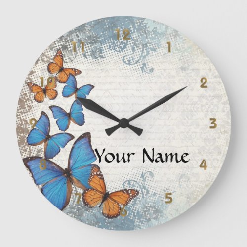 Blue floral butterflies large clock