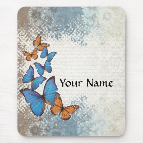 Blue floral butterflies mouse pad