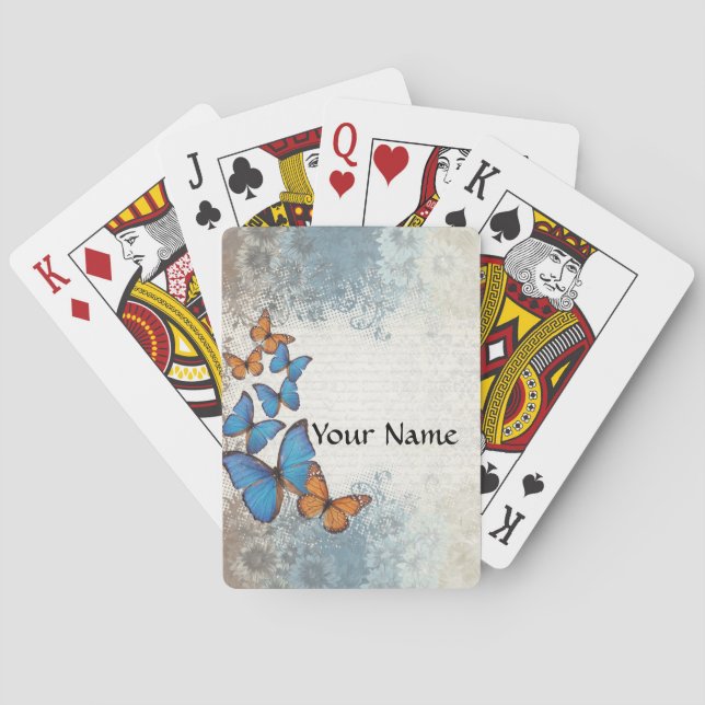 Blue floral butterflies poker cards (Back)
