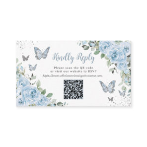Blue Floral Butterflies Quinceañera QR Code RSVP Enclosure Card