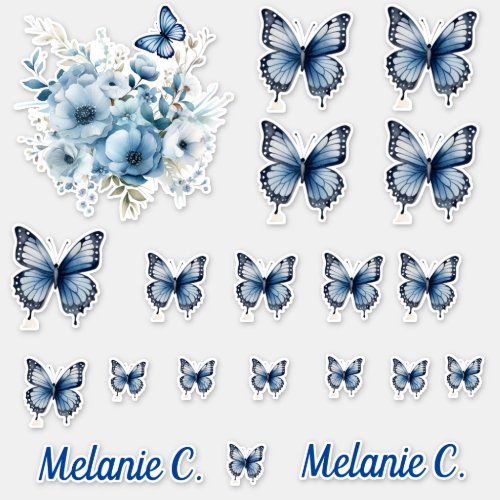 Blue Floral  Butterflies Skateboard Stickers