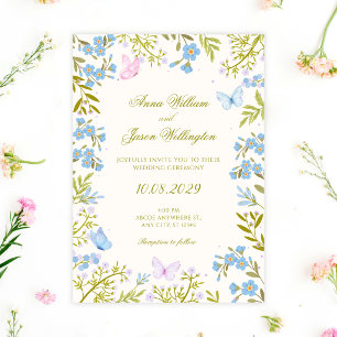 Blue floral butterflies wedding invitation