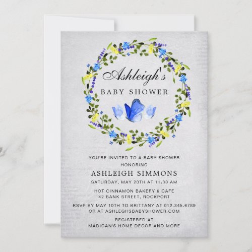 Blue Floral Butterfly Boy Baby Shower Invitation