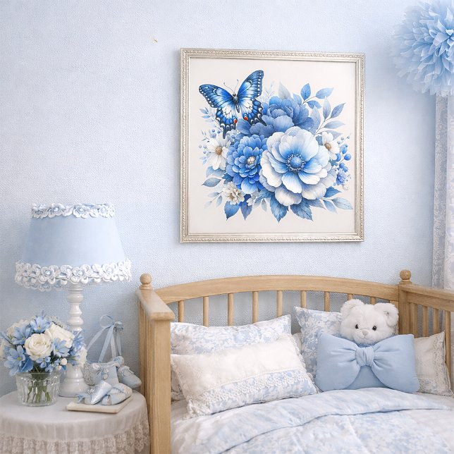 Blue Floral Butterfly Cottage  Poster (Dusty and navy blue floral and butterfly wall art)