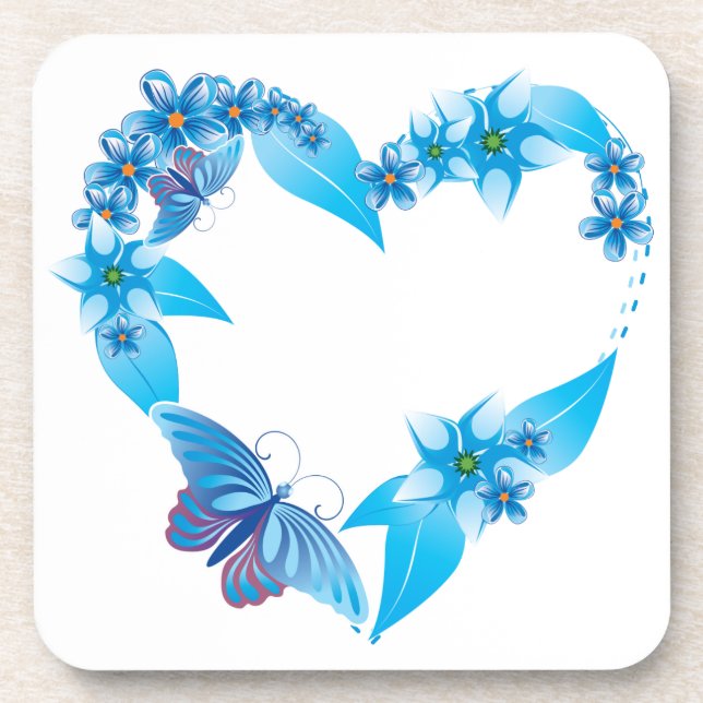 Blue Floral Butterfly Heart Drink Coaster (Front)