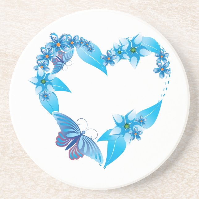 Blue Floral Butterfly Heart Sandstone Coaster (Front)