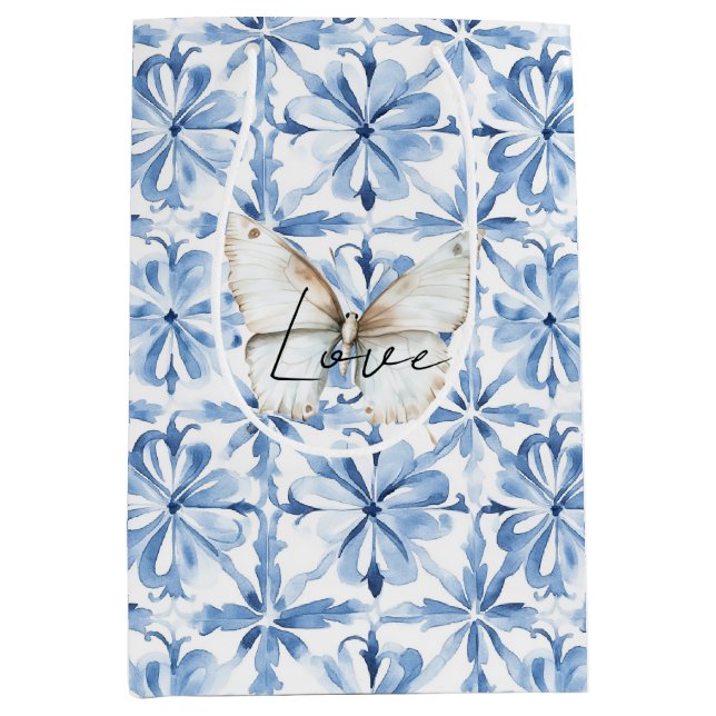Blue Floral Butterfly Love Medium Gift Bag (Front)