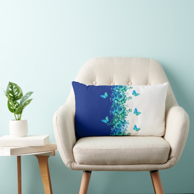 Blue Floral Butterfly Lumbar Pillow  (Chair)