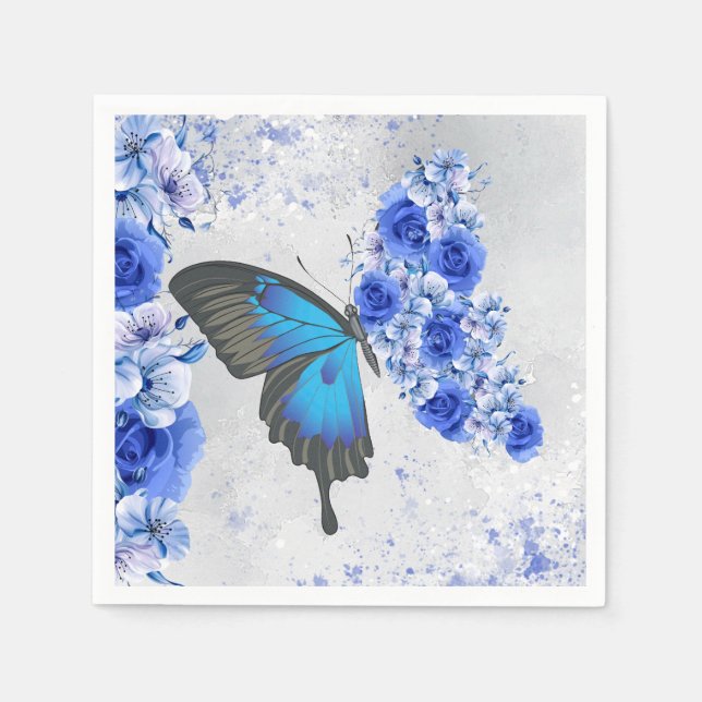Blue Floral Butterfly Paper Napkins (Front)