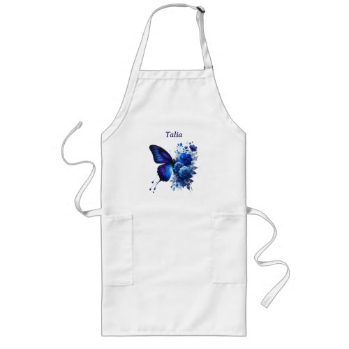 Blue Floral Butterfly Personalized Long Apron