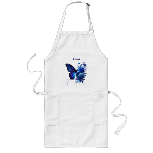 Blue Floral Butterfly Personalized Long Apron (Front)