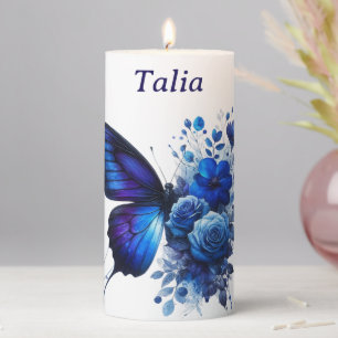 Blue Floral Butterfly Personalized Pillar Candle