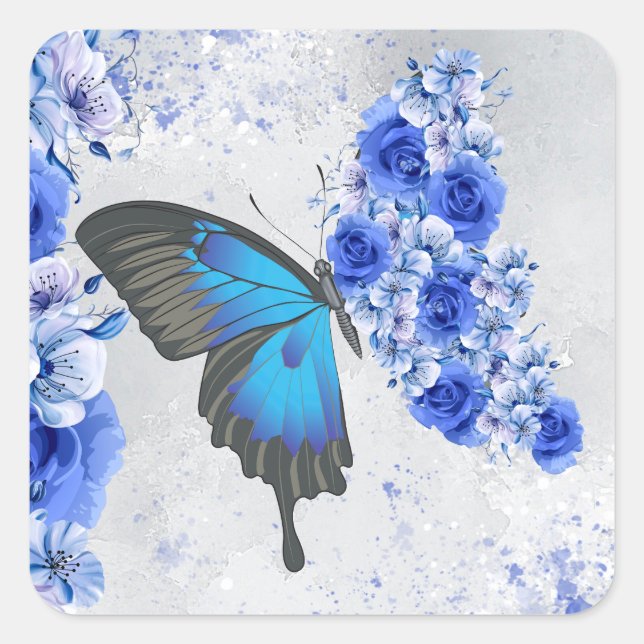 Blue Floral Butterfly Square Sticker (Front)