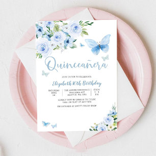 Blue Floral Butterfly Sweet 16 Invitation